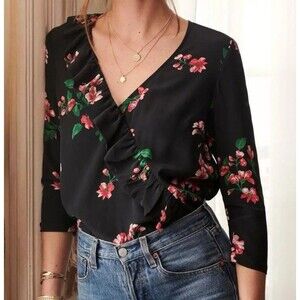 Sezane Black Floral Ruffle Wrap Blouse